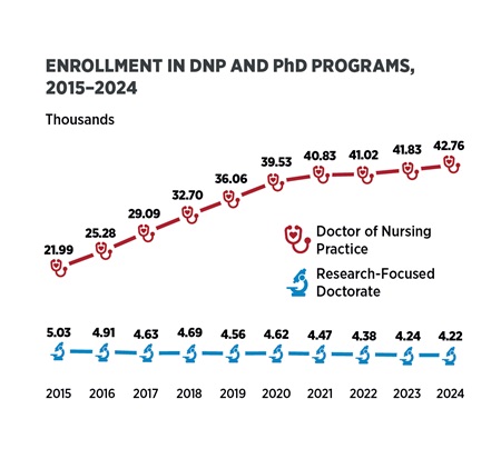 Line chart showing enrollment trends in Doctor of Nursing Practice (DNP) and PhD nursing programs from 2015 to 2024. DNP enrollment shows consistent growth over time. PhD enrollment remains flat across the same period.