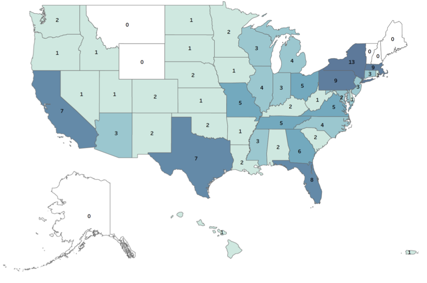 A U.S. Map showing number of doctoral programs by state.