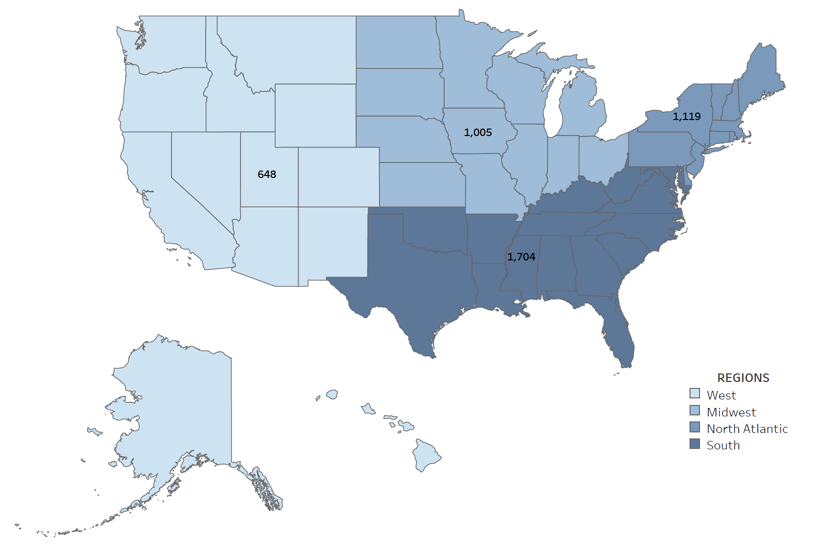 A U.S. Map showing number of doctoral programs by region.