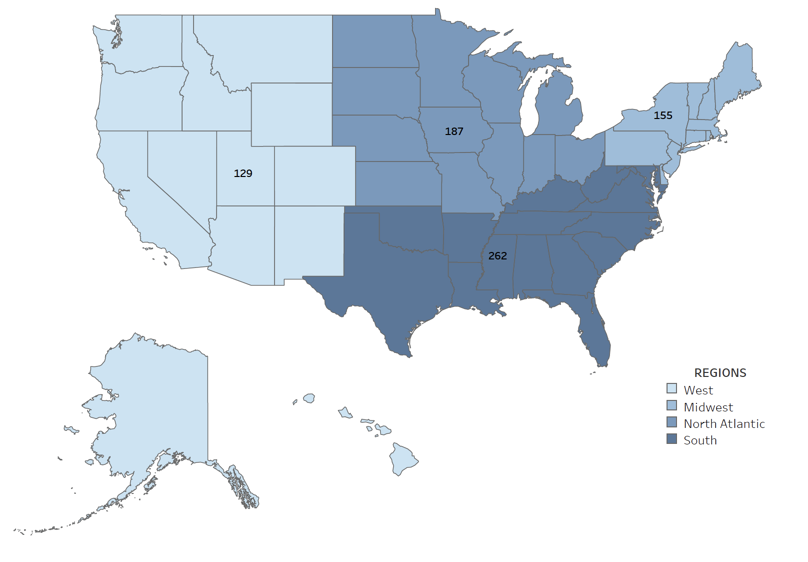 A U.S. Map showing number of doctoral graduates by region.