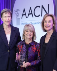 2025 Distinguished AACN Partner Award Winner Photo with AACN Board Chair Jean Giddens, Robyn Begley, and AACN President and CEO Deborah Trautman