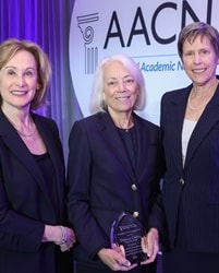 2025 Distinguished AACN Partner Award Winner Photo with AACN Board Chair Jean Giddens, Darlene Curley, and AACN President and CEO Deborah Trautman