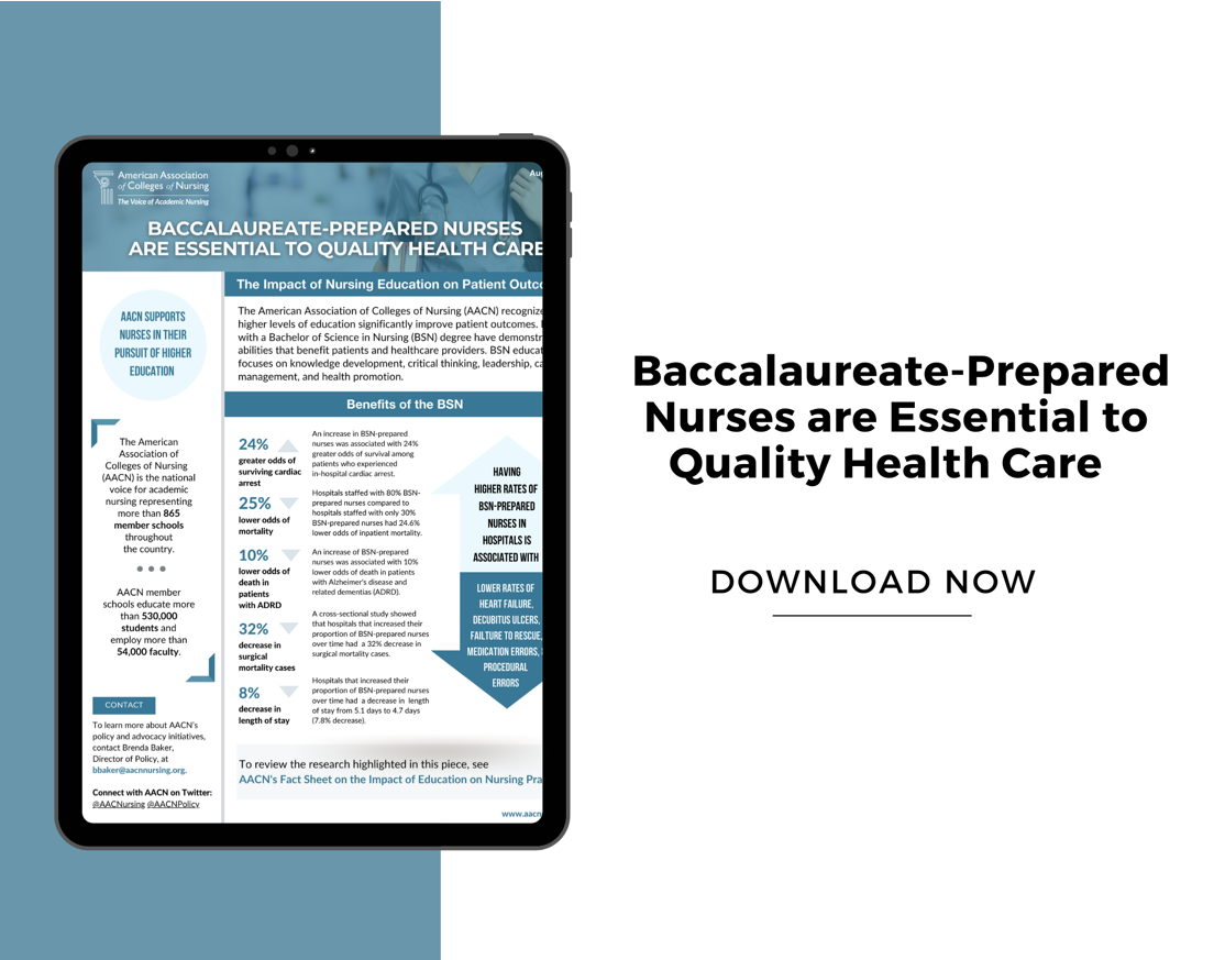 ipad showing handout of baccalaureate-prepared nurses are essential to quality health care