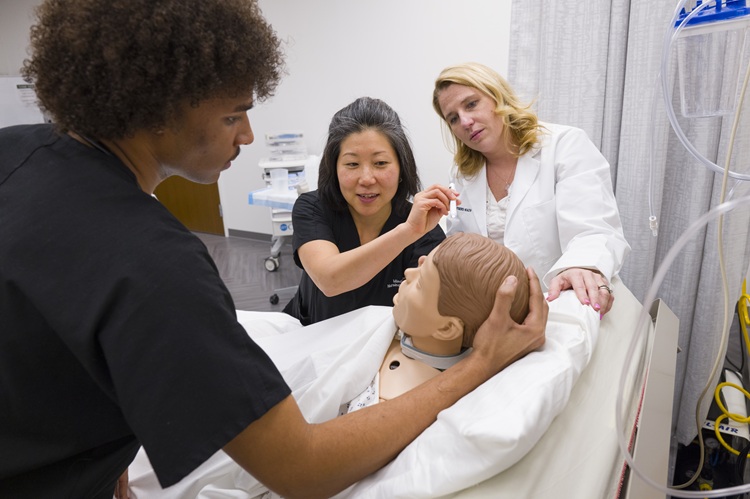 Medical professionals demonstrating on a mannequin