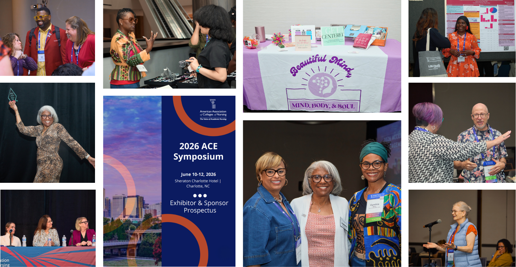 Collage of photos of exhibits and conference attendees at the ACE Symposium