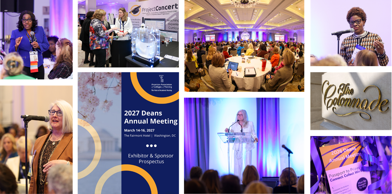 Collage of photos of exhibits and conference attendees at Deans Meeting
