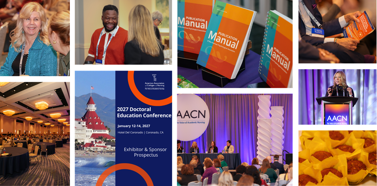 Collage of photos of exhibits and conference attendees at Doctoral