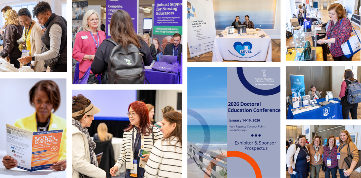 Collage of photos of exhibits and conference attendees at Doctoral