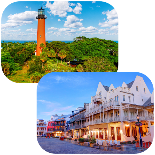 A collage featuring a lighthouse and a row of houses in Florida
