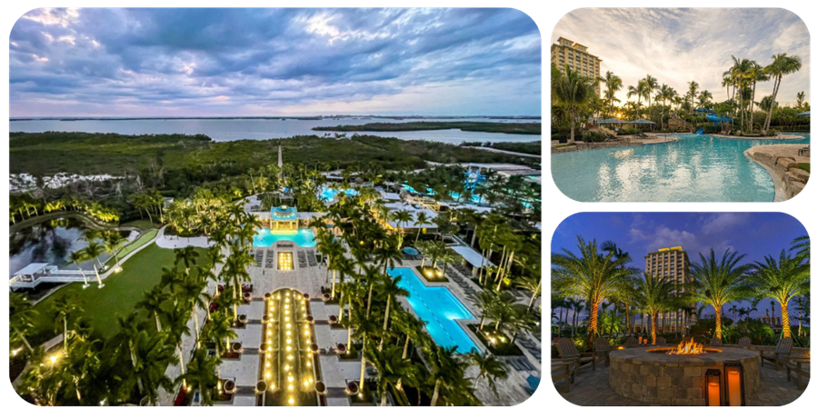 Collage of photos depicting the Hyatt Regency Coconut Point hotel in Florida