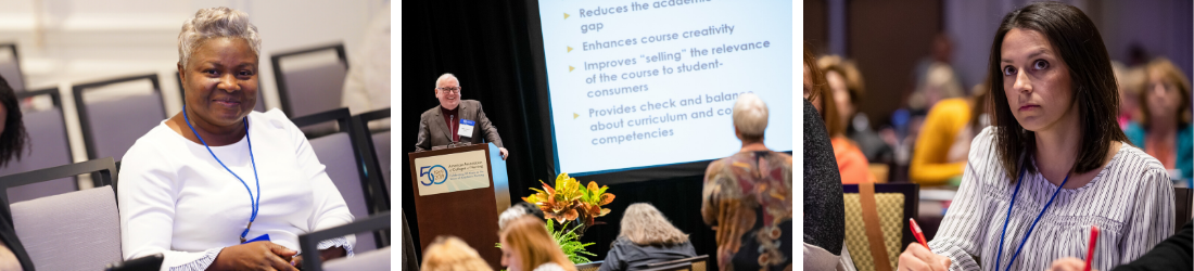 Three photos of individuals participating in AACN Leadership Development programs. 