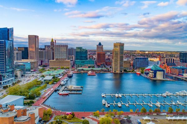 image of baltimore skyline from above baltimore harbor