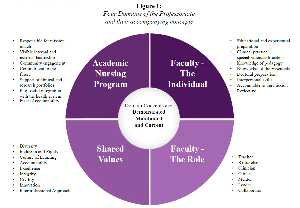 A pie chart that shows four domains of the professoriate and their accompanying concepts. Top right quadrant - Academic Nursing - Responsible for mission match, visible internal and external leadership, community engagement, commitment to the future, support of clinical and research portfolios, purposeful integration with the health system, fiscal accountability. Top right quadrant - Faculty - The Individual: Educational and experiential preparation, clinical practice/specialization/certification, knowledge of pedagogy, knowledge of the Essentials, doctoral preparation, interpersonal skills, accountable to the mission, reflective. Bottom left quadrant - Shared Values: Diversity, inclusion and equity, culture of learning, accountability, excellence, integrity, civility, innovation, and interprofessional approach. Bottom right quadrant - Faculty - The Role: Teacher, Researcher, Clinician, Citizen, Mentor, Leader, and Collaborator. 