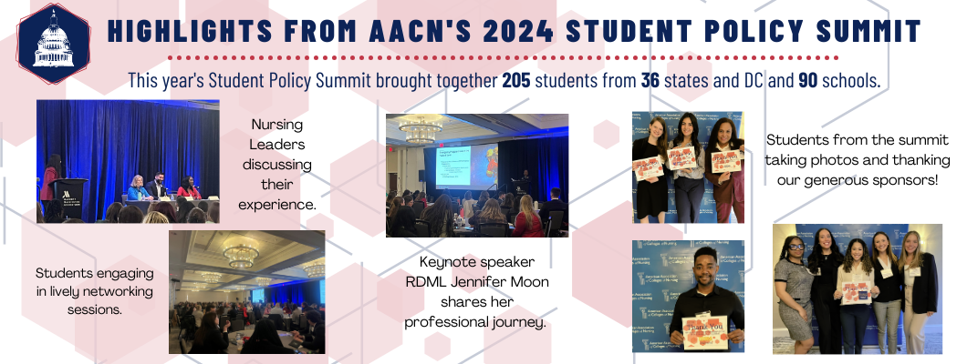 Highlights from AACN's 2024 Student Policy Summit, Thirs year's Student Policy Summit brought together 205 students from 36 states and DC and 90 schools. Below this text is an image collage with individual image captions reading "Nursing leaders discussing their experience," "Students engaging in lively networking discussions," Keynote speaker RDML Jennifer Moon shares her professional journey," and "Students from the summit taking photos and thanking our generous sponsors!"