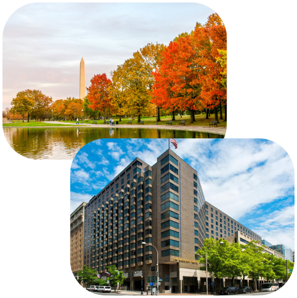 Arial image of DC and photo of conference venue lobby