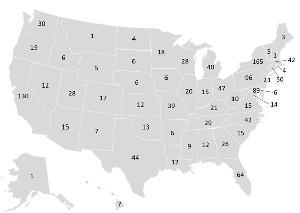 greyscale map of the US showing the number of Jonas Scholars per state