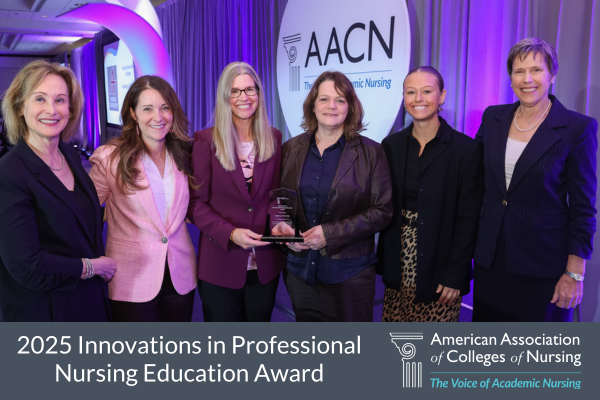 2025 Innovations in Professional Nursing Education Award Winner Photo with AACN Board Chair Jean Giddens, Augsburg University, and AACN President and CEO Deborah Trautman