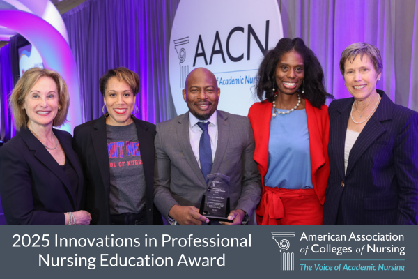 2025 Innovations in Professional Nursing Education Award Winner Photo with AACN Board Chair Jean Giddens, University of Detroit Mercy, and AACN President and CEO Deborah Trautman