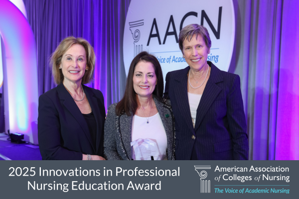 2025 Innovations in Professional Nursing Education Award Winner Photo with AACN Board Chair Jean Giddens, University of South Florida, and AACN President and CEO Deborah Trautman