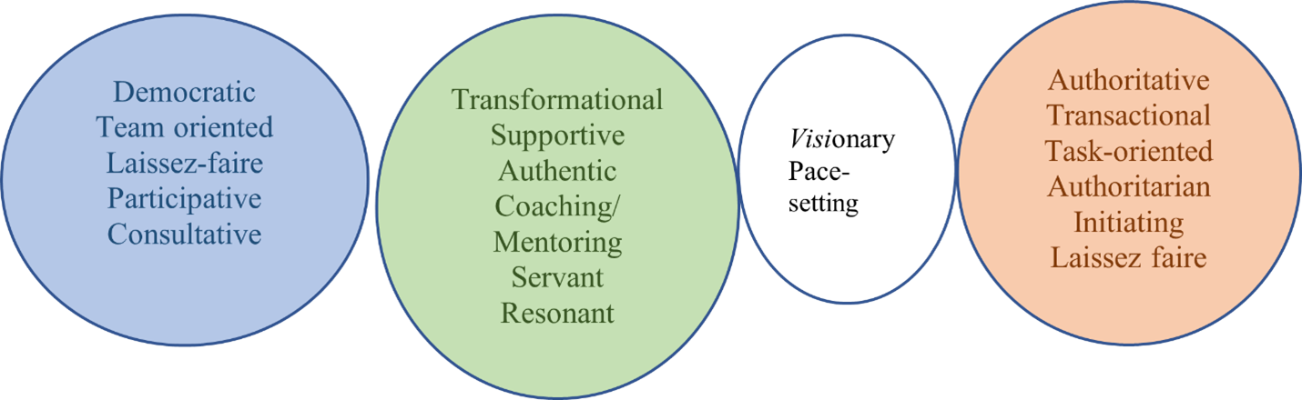 Democratic, team oriented, laissez-fair, participative, consultative; transformational, supportive, authentic, coaching/mentoring, servant, resonant; visionary, pace-setting; authoritative, transactional, task-oriented, authoritarian, initiating, laissez-faire