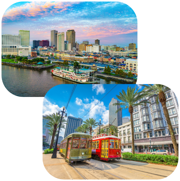 image of new orleans skyline and image of new orleans street cars