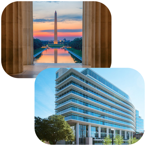 image of areal view of the us capitol and image of the aamc learning center