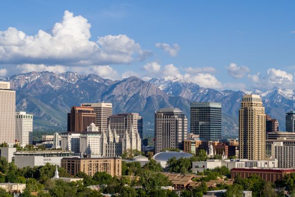 Areal photo of salt lake city with mountains in background
