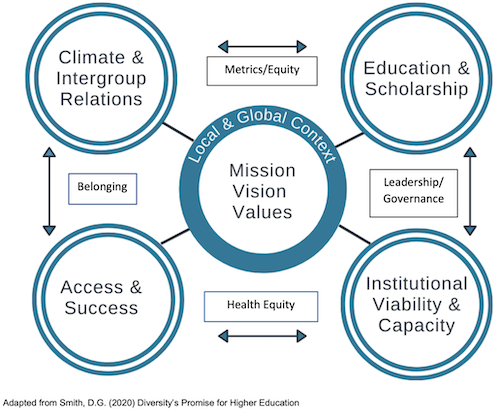 Flow chart that shows inclusive excellence ecosystem for academic nursing. The flow chart contains: climate & intergroup relations, education and scholarship, mission vision values, access and success, and institutional viability and capacity. Each area is connected through metrics/equity, belonging, health equity, leadership/governance. Adapted from Smith, D.G. (2020) Diversity's Promise for Higher Education 